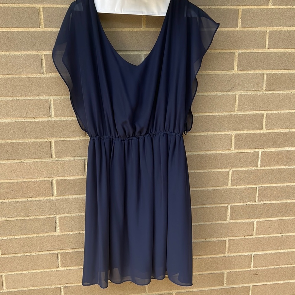 Brand New GIANNI BINI Adele sz. Large Navy Blue Chiffon Dress.